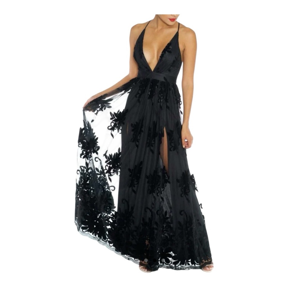 Luxxel maxi dress black formal gown whimsigoth balletcore flocked velvet tulle S